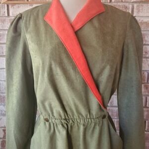 Vintage Green Wrap Dress Coral Trim Button Waist Pockets Long Sleeve Midi